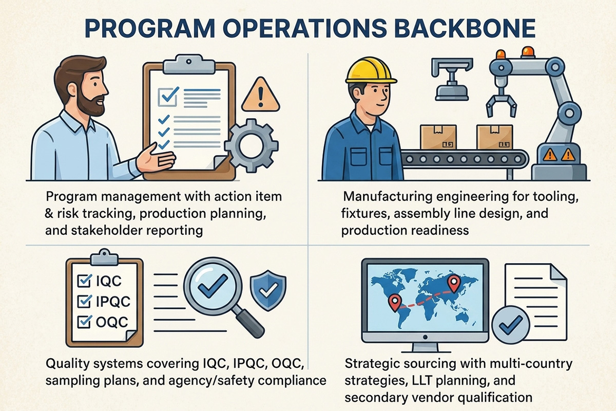 Program management, manufacturing operations, and quality matrix